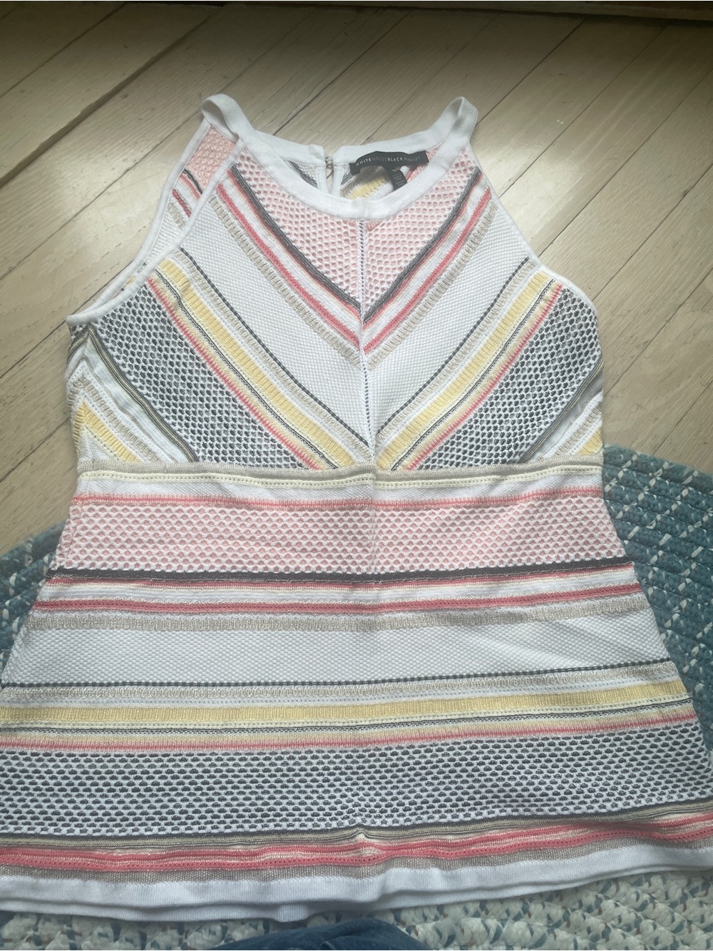White House Black Market Striped Mesh High-Neck Tank Top - White, Pink & Yellow